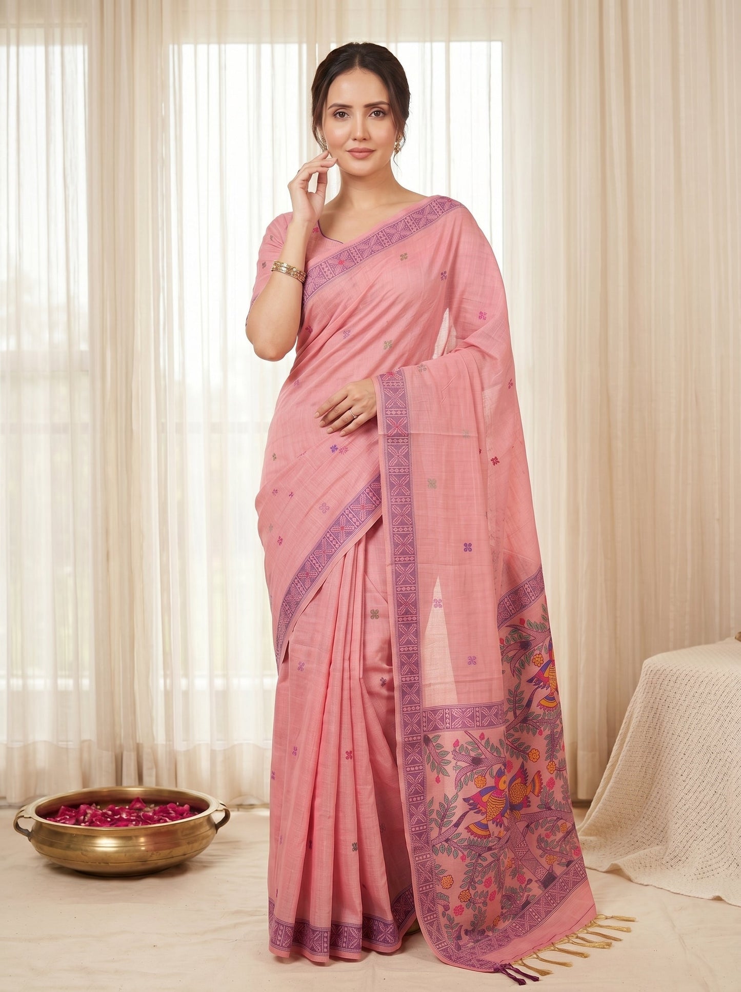 Pink Muga Cotton Saree For Women Madhubani Print Resham Weaving Soft Cotton Saree Traditional Handloom Saree With Blouse