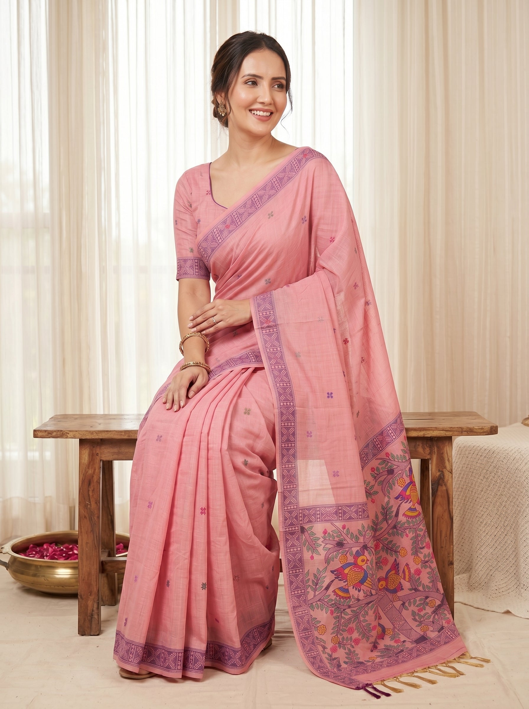 Pink Muga Cotton Saree For Women Madhubani Print Resham Weaving Soft Cotton Saree Traditional Handloom Saree With Blouse