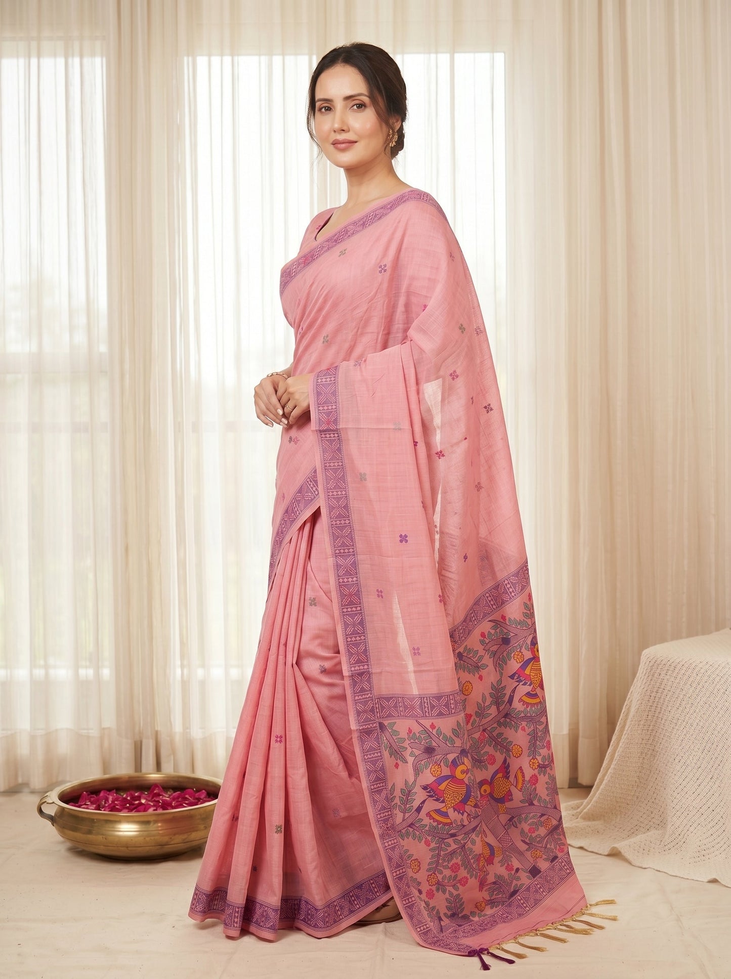 Pink Muga Cotton Saree For Women Madhubani Print Resham Weaving Soft Cotton Saree Traditional Handloom Saree With Blouse