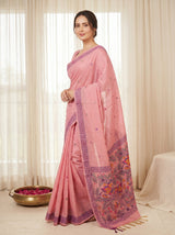 Pink Muga Cotton Saree For Women Madhubani Print Resham Weaving Soft Cotton Saree Traditional Handloom Saree With Blouse