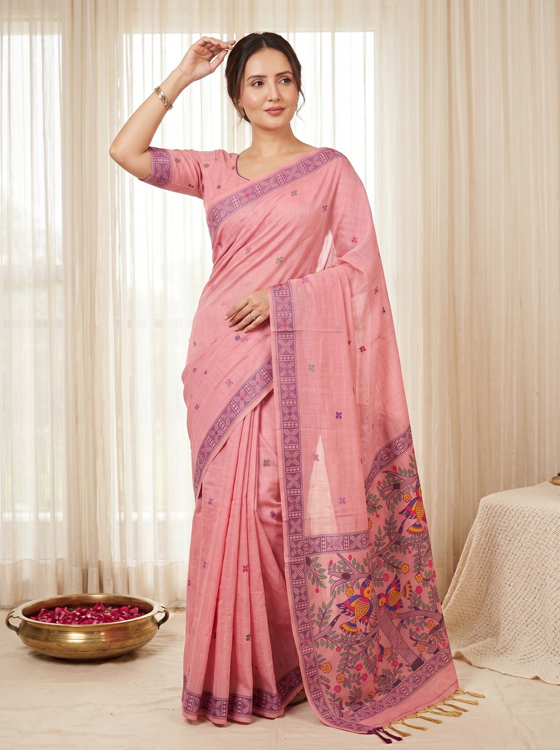 Pink Muga Cotton Saree For Women Madhubani Print Resham Weaving Soft Cotton Saree Traditional Handloom Saree With Blouse