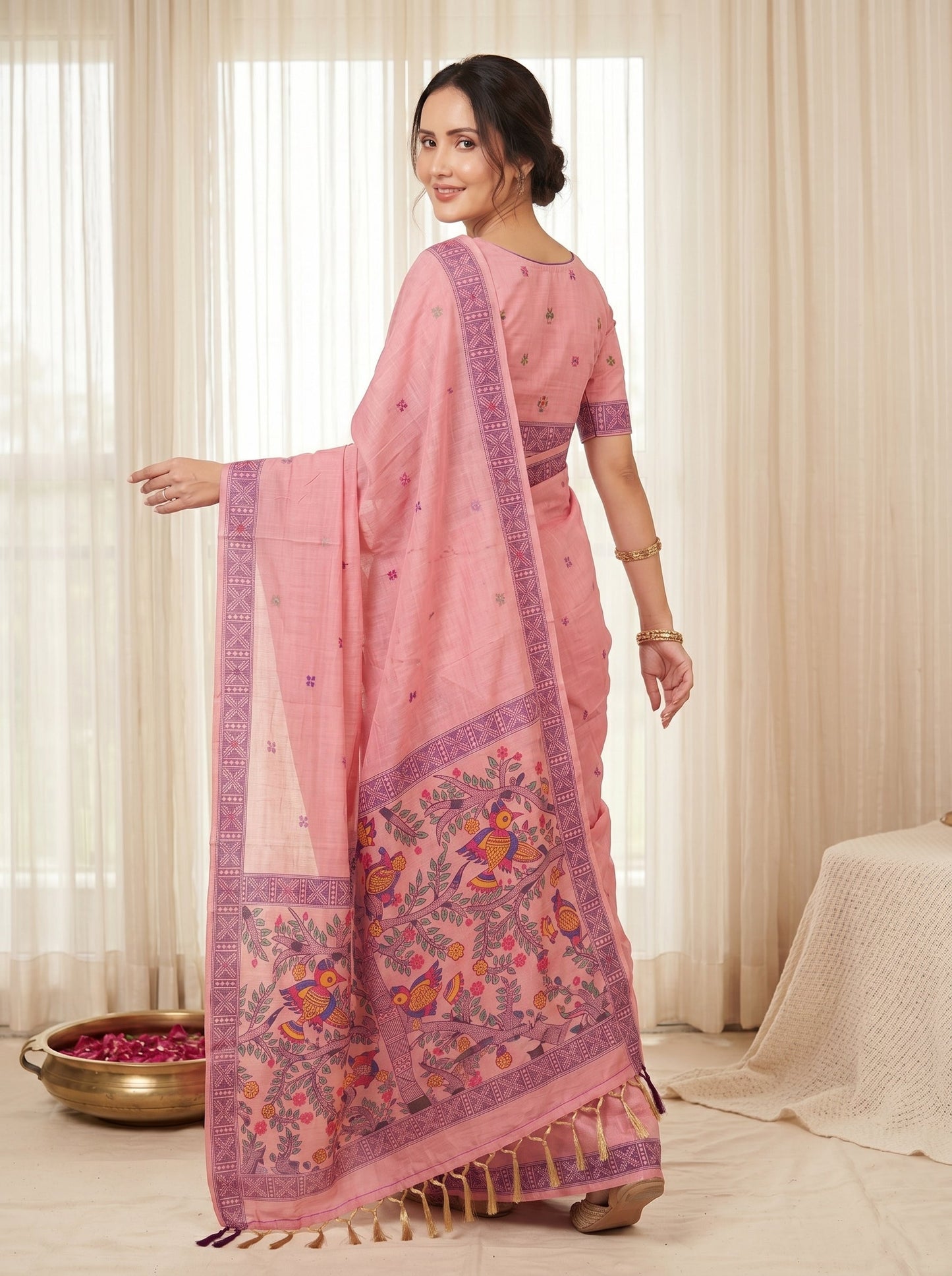 Pink Muga Cotton Saree For Women Madhubani Print Resham Weaving Soft Cotton Saree Traditional Handloom Saree With Blouse