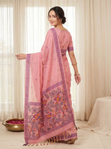 Pink Muga Cotton Saree For Women Madhubani Print Resham Weaving Soft Cotton Saree Traditional Handloom Saree With Blouse