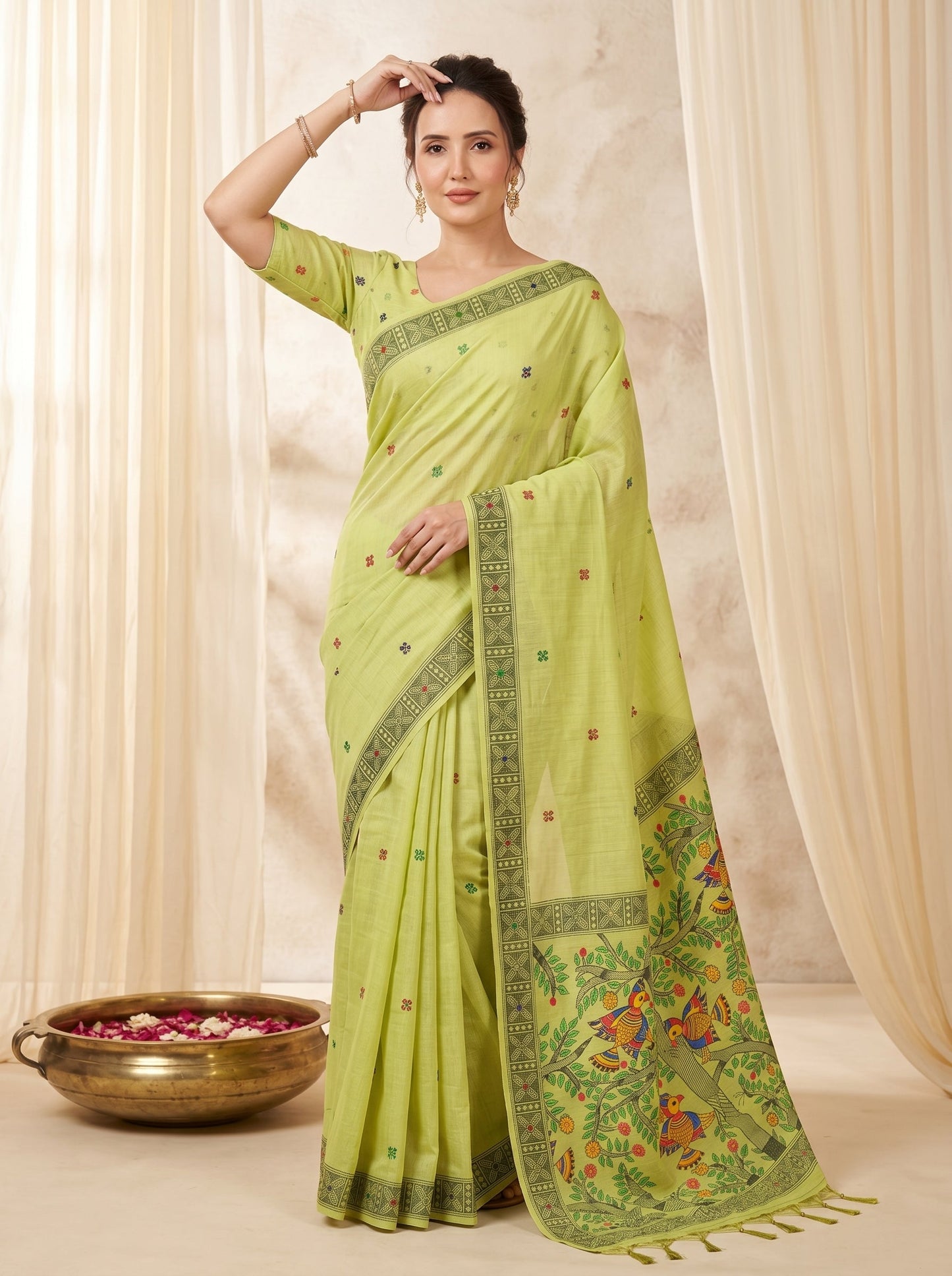 Pista Muga Cotton Saree For Women Madhubani Print Resham Weaving Soft Cotton Saree Traditional Handloom Saree With Blouse