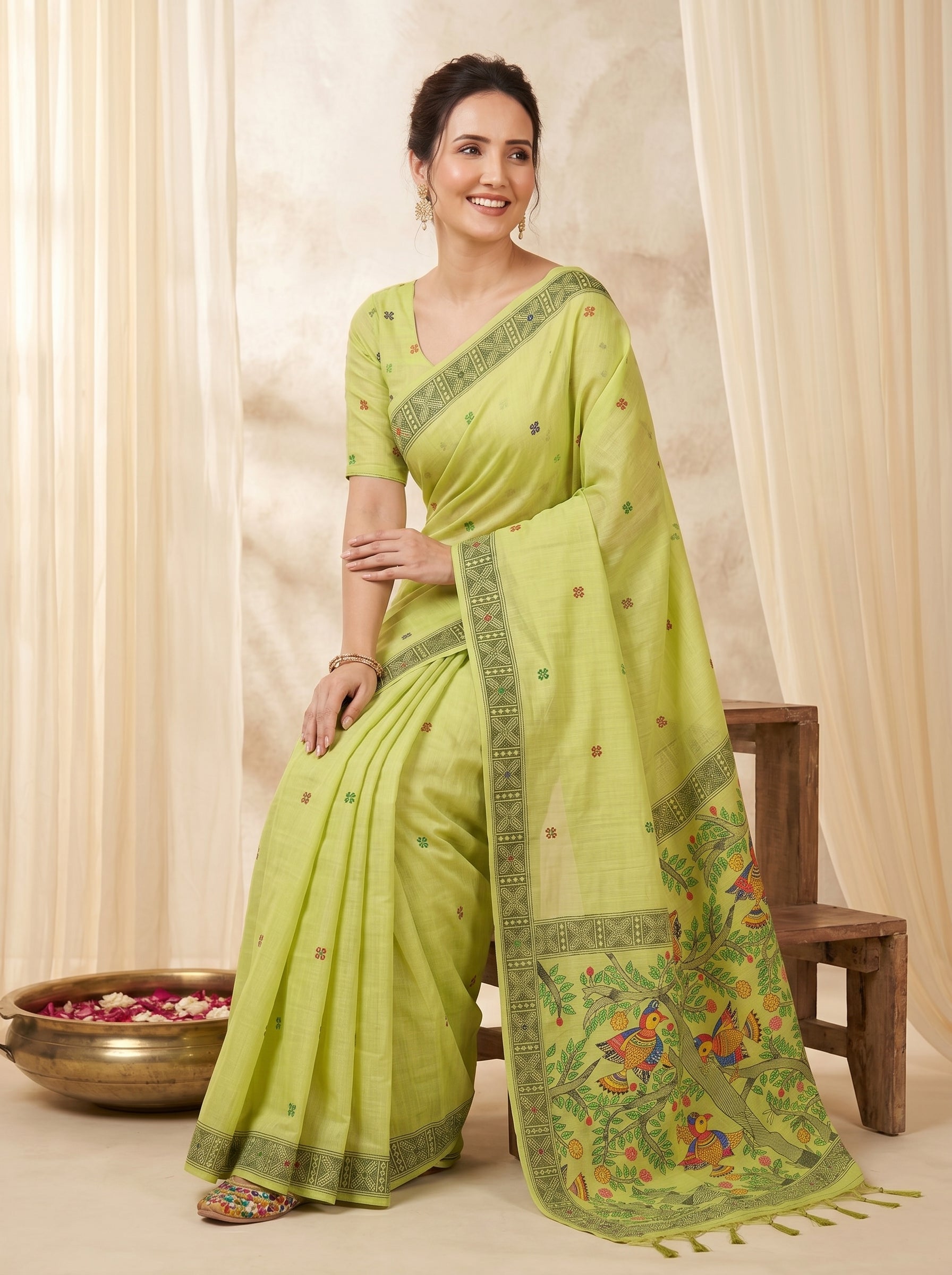 Pista Muga Cotton Saree For Women Madhubani Print Resham Weaving Soft Cotton Saree Traditional Handloom Saree With Blouse