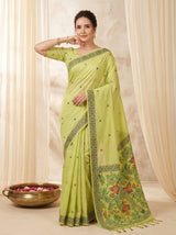 Pista Muga Cotton Saree For Women Madhubani Print Resham Weaving Soft Cotton Saree Traditional Handloom Saree With Blouse