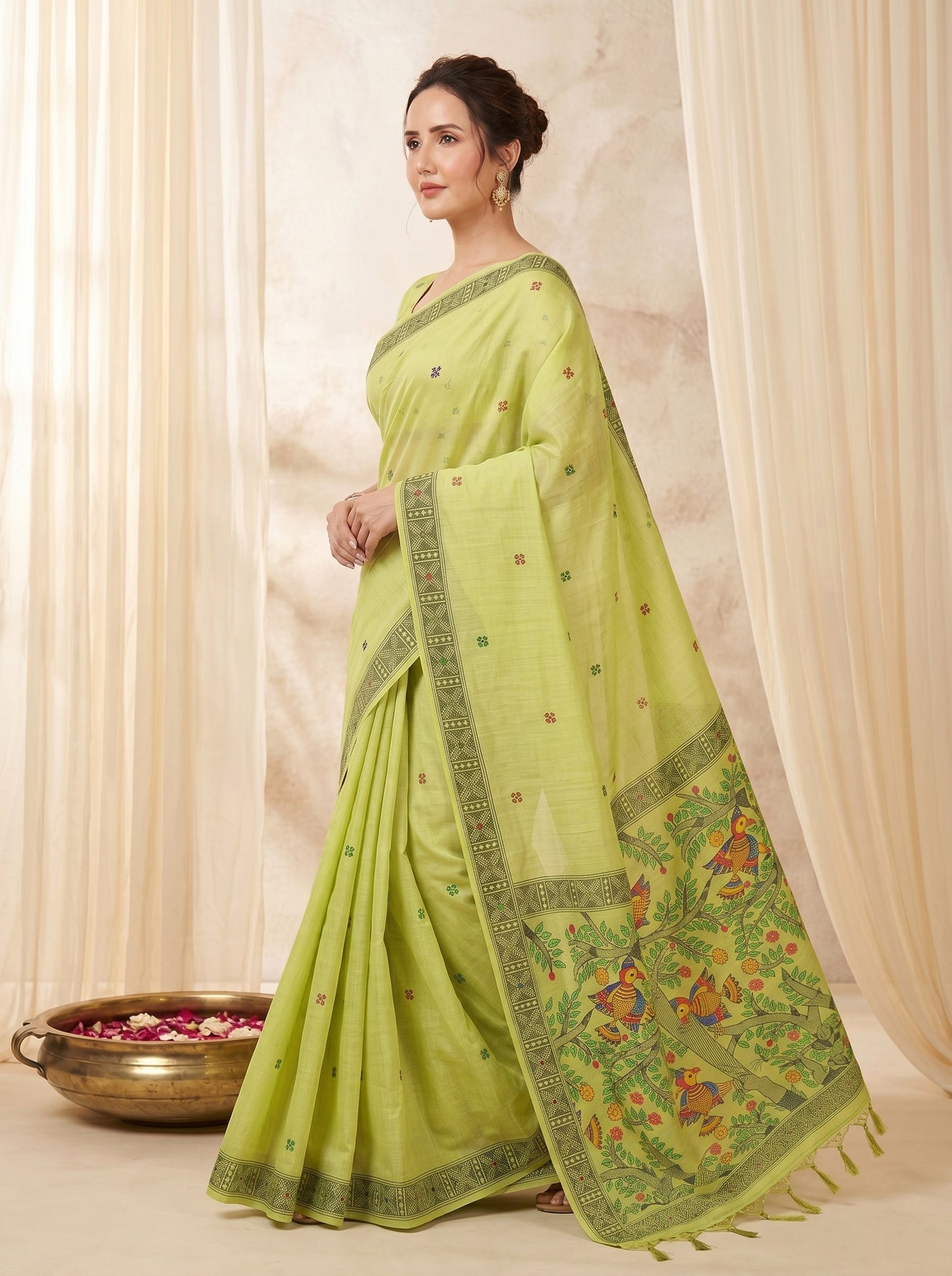 Pista Muga Cotton Saree For Women Madhubani Print Resham Weaving Soft Cotton Saree Traditional Handloom Saree With Blouse