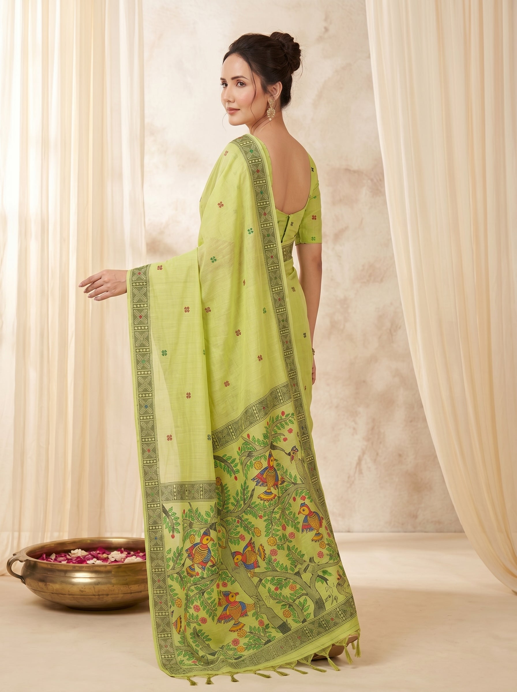 Pista Muga Cotton Saree For Women Madhubani Print Resham Weaving Soft Cotton Saree Traditional Handloom Saree With Blouse