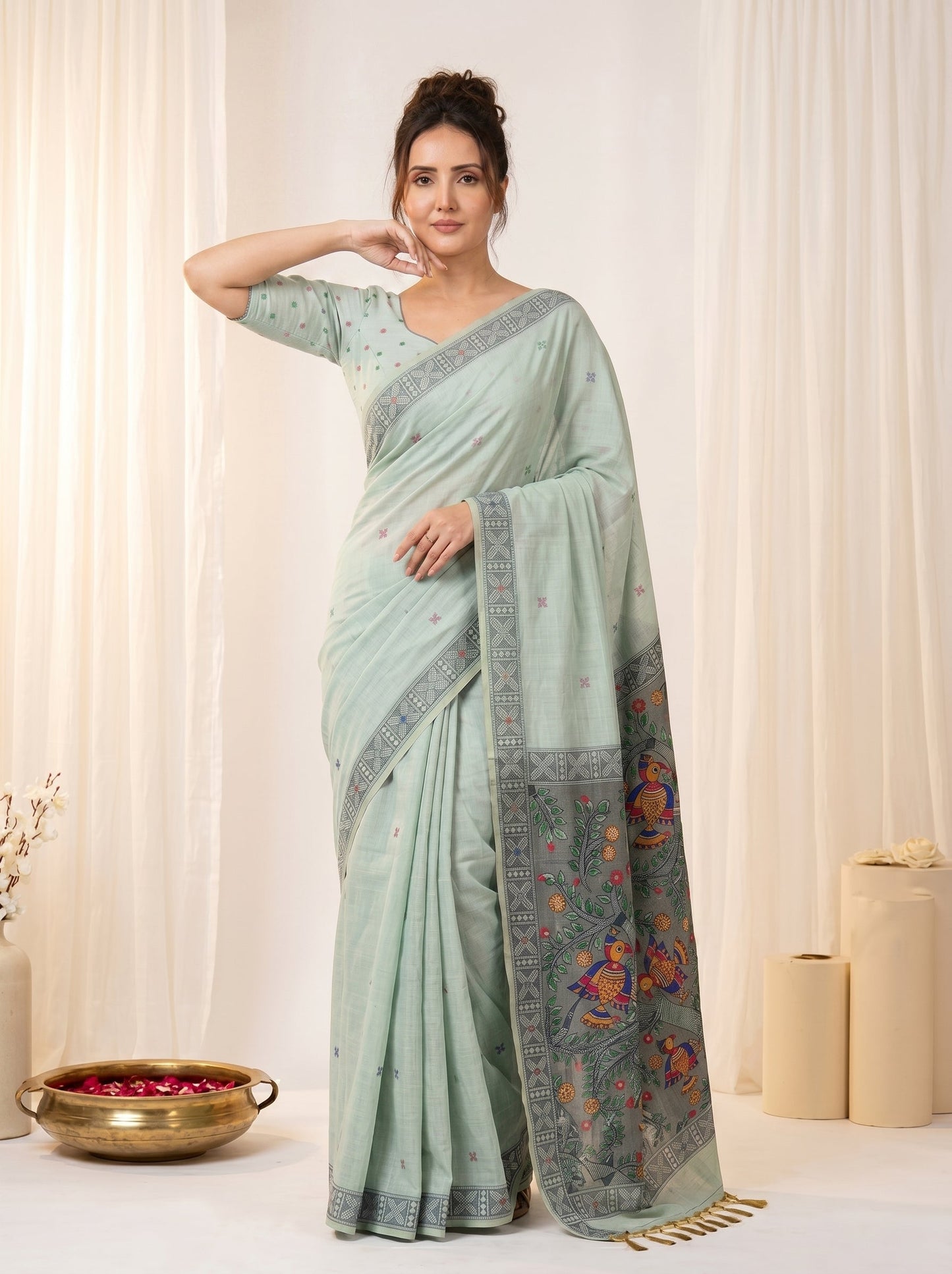 Sky Muga Cotton Saree For Women Madhubani Print Resham Weaving Soft Cotton Saree Traditional Handloom Saree With Blouse