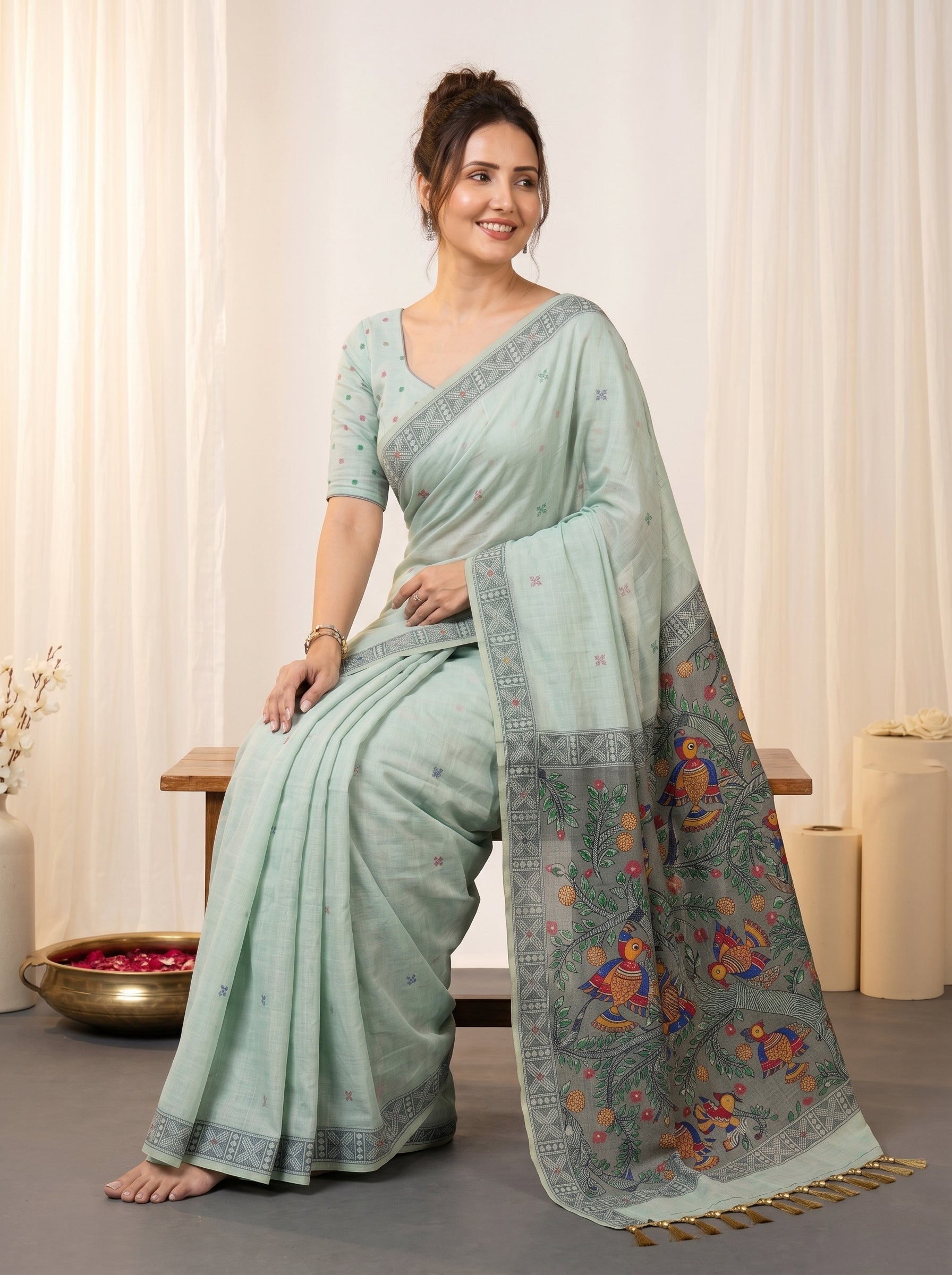 Sky Muga Cotton Saree For Women Madhubani Print Resham Weaving Soft Cotton Saree Traditional Handloom Saree With Blouse