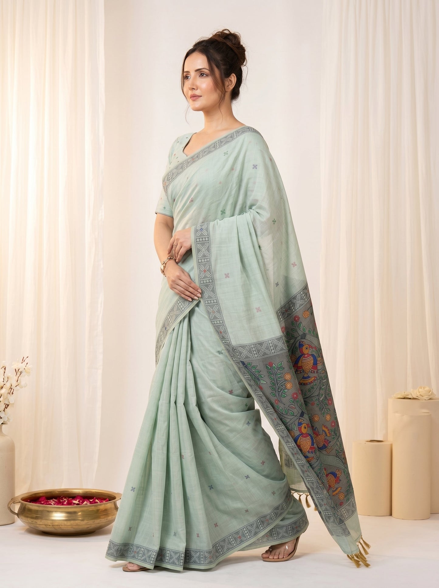 Sky Muga Cotton Saree For Women Madhubani Print Resham Weaving Soft Cotton Saree Traditional Handloom Saree With Blouse