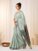 Sky Muga Cotton Saree For Women Madhubani Print Resham Weaving Soft Cotton Saree Traditional Handloom Saree With Blouse