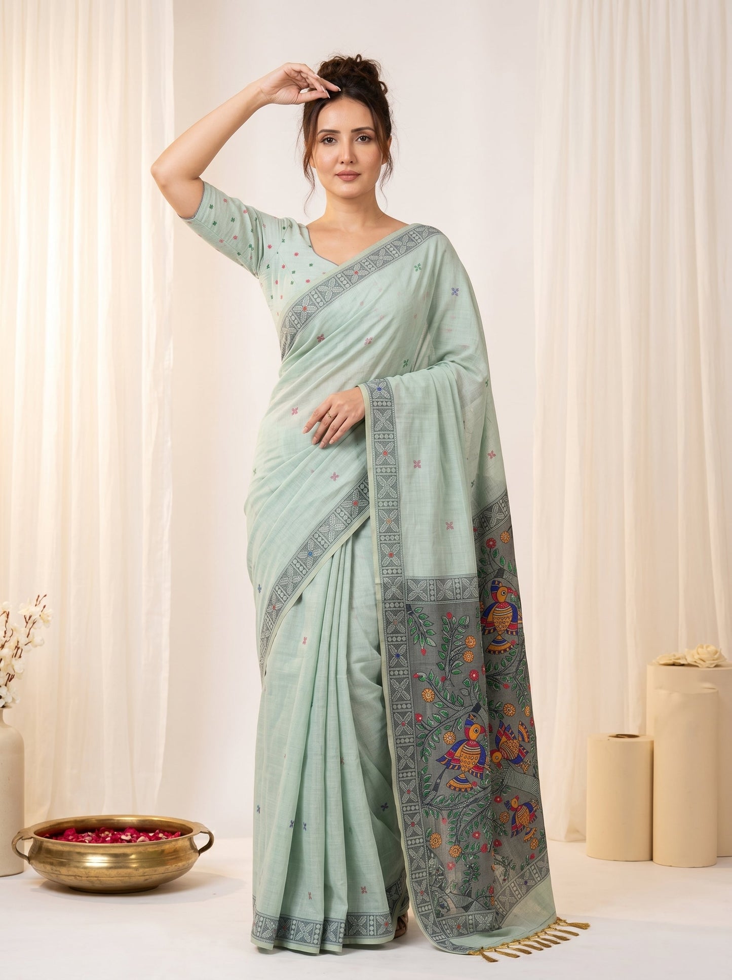 Sky Muga Cotton Saree For Women Madhubani Print Resham Weaving Soft Cotton Saree Traditional Handloom Saree With Blouse
