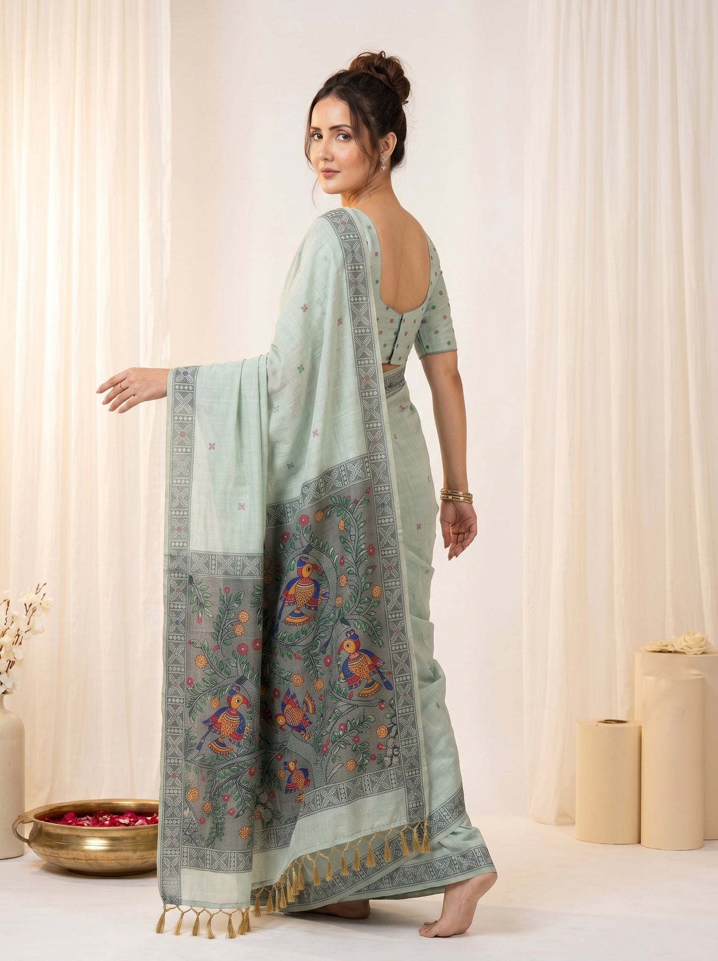 Sky Muga Cotton Saree For Women Madhubani Print Resham Weaving Soft Cotton Saree Traditional Handloom Saree With Blouse