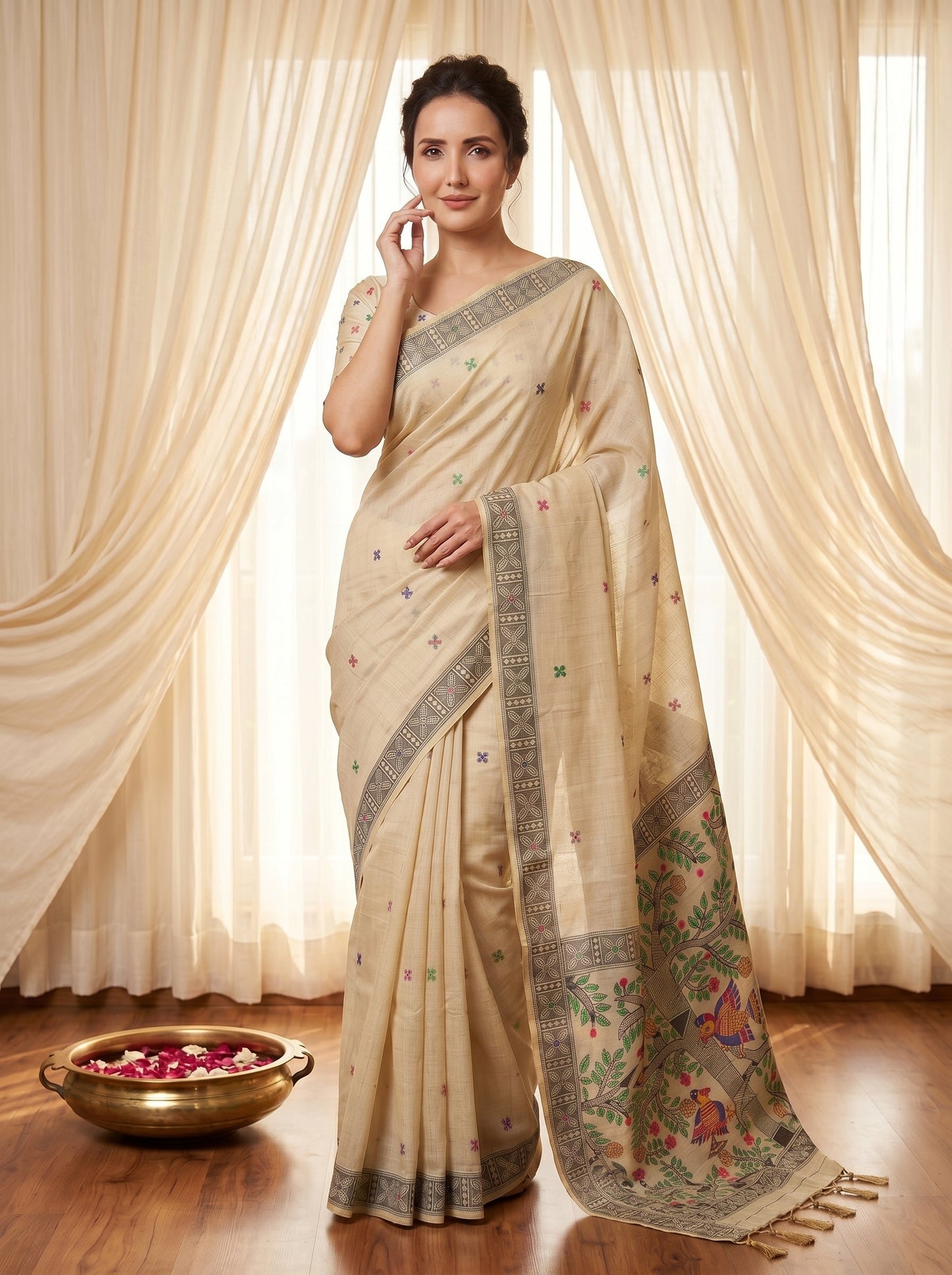 White Muga Cotton Saree For Women Madhubani Print Resham Weaving Soft Cotton Saree Traditional Handloom Saree With Blouse