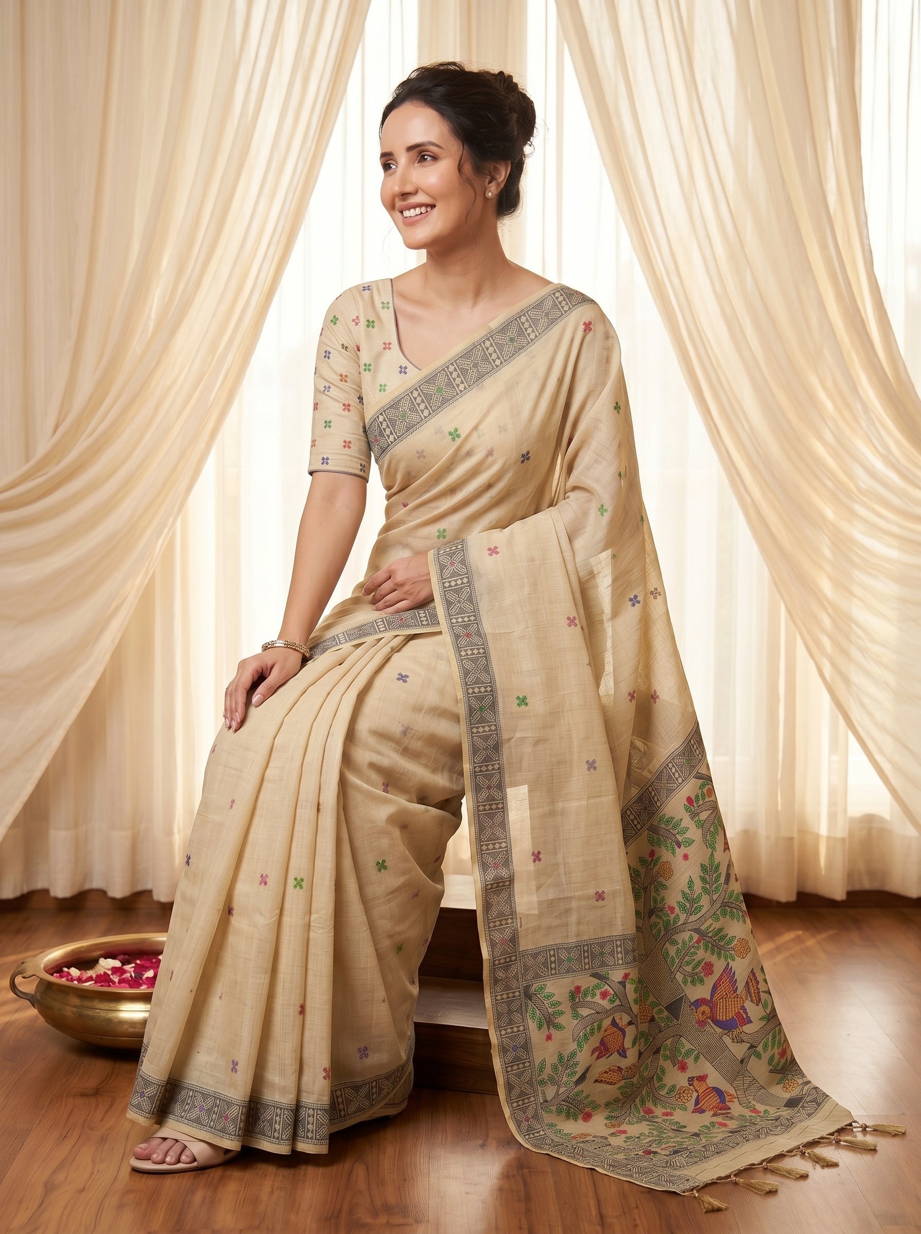 White Muga Cotton Saree For Women Madhubani Print Resham Weaving Soft Cotton Saree Traditional Handloom Saree With Blouse