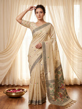White Muga Cotton Saree For Women Madhubani Print Resham Weaving Soft Cotton Saree Traditional Handloom Saree With Blouse