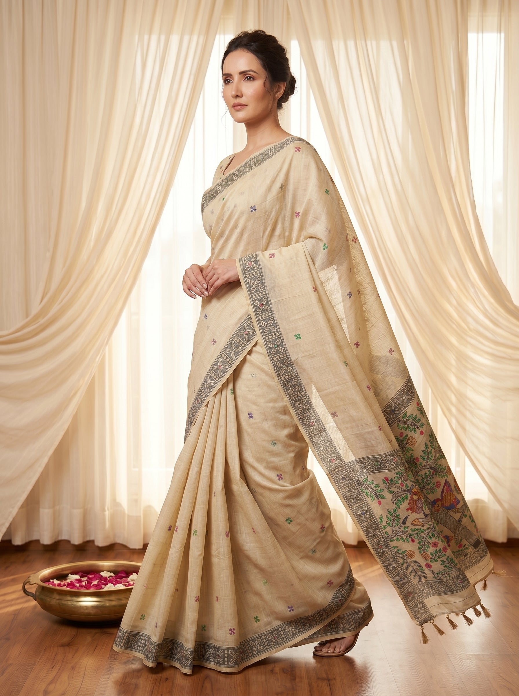 White Muga Cotton Saree For Women Madhubani Print Resham Weaving Soft Cotton Saree Traditional Handloom Saree With Blouse