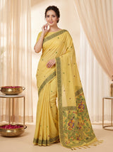 Yellow Muga Cotton Saree For Women Madhubani Print Resham Weaving Soft Cotton Saree Traditional Handloom Saree With Blouse