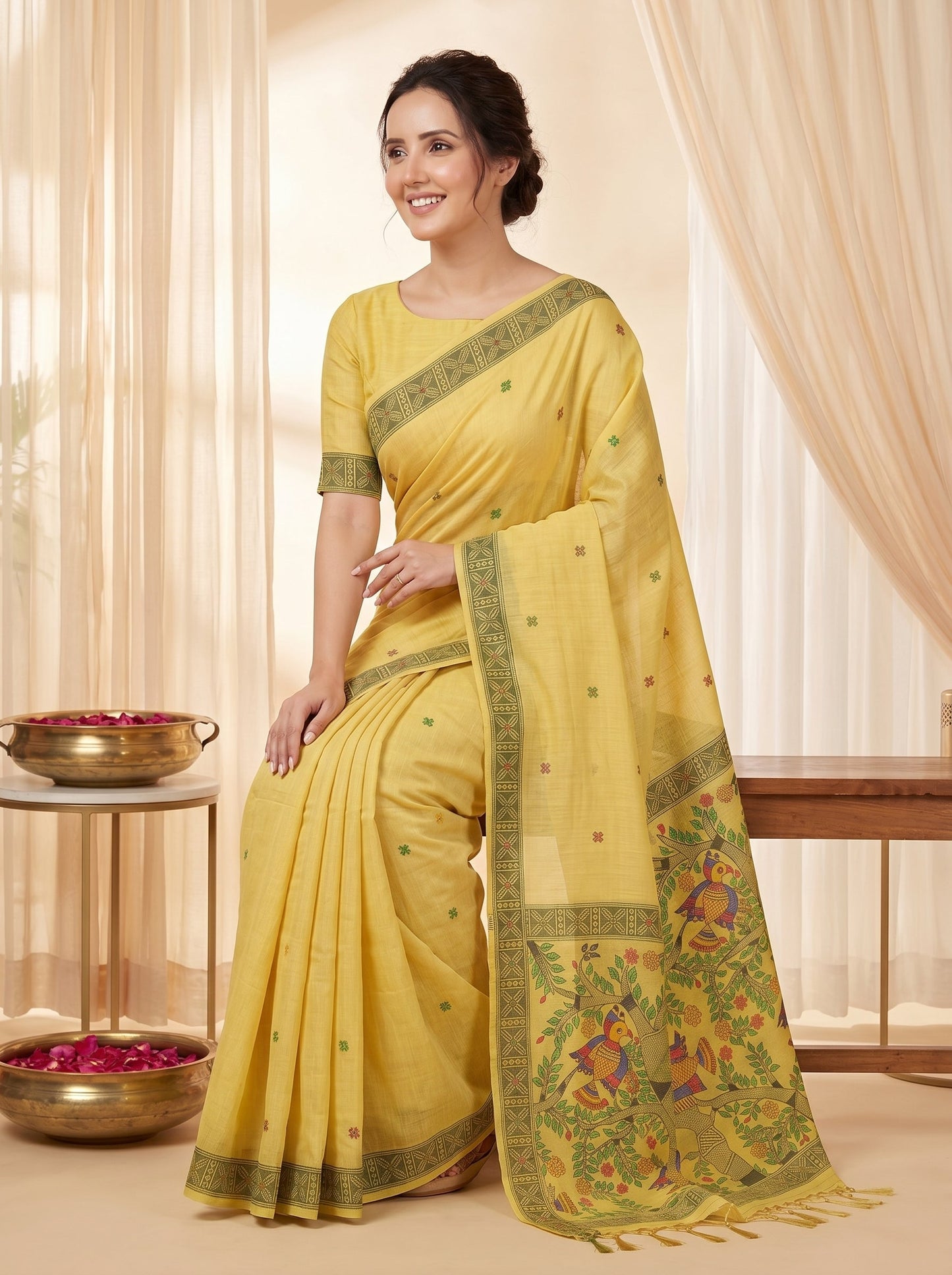 Yellow Muga Cotton Saree For Women Madhubani Print Resham Weaving Soft Cotton Saree Traditional Handloom Saree With Blouse