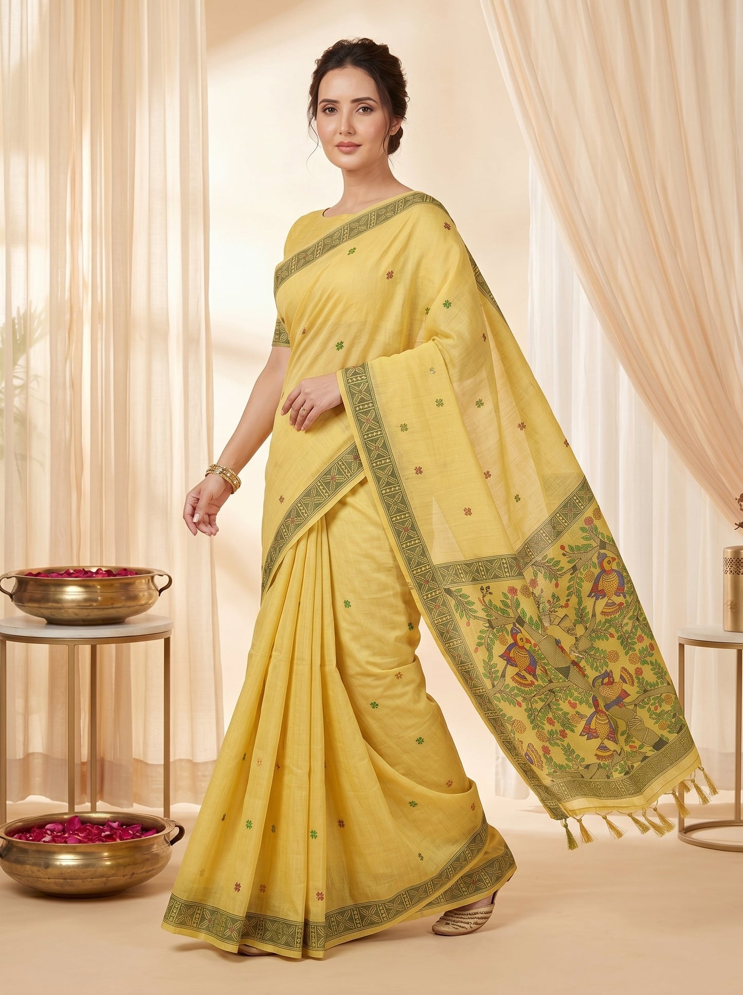 Yellow Muga Cotton Saree For Women Madhubani Print Resham Weaving Soft Cotton Saree Traditional Handloom Saree With Blouse