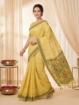 Yellow Muga Cotton Saree For Women Madhubani Print Resham Weaving Soft Cotton Saree Traditional Handloom Saree With Blouse