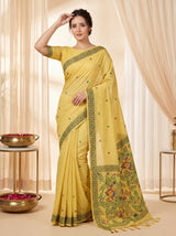 Yellow Muga Cotton Saree For Women Madhubani Print Resham Weaving Soft Cotton Saree Traditional Handloom Saree With Blouse