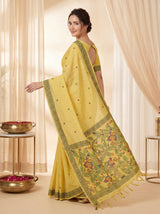 Yellow Muga Cotton Saree For Women Madhubani Print Resham Weaving Soft Cotton Saree Traditional Handloom Saree With Blouse