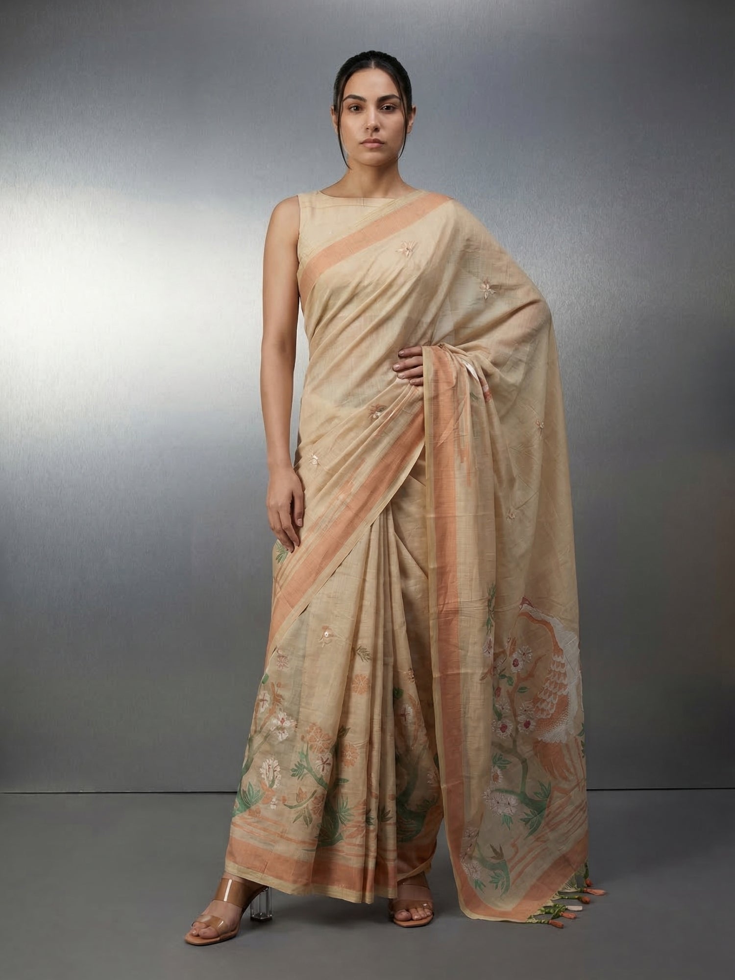 CHICKOO Premium Muga Cotton Saree with Resham Weaving Buttis and Pencil Art Pallu