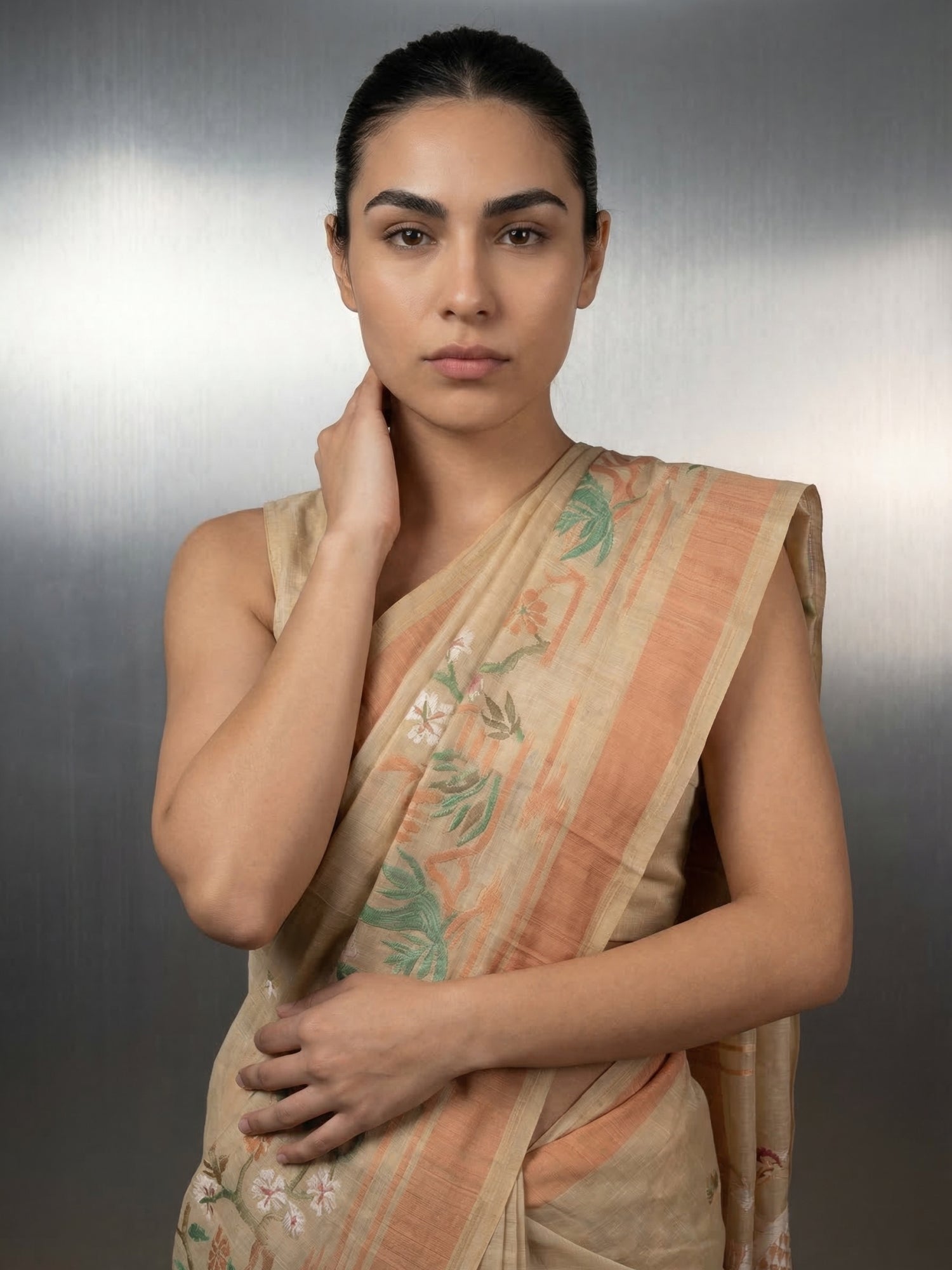 CHICKOO Premium Muga Cotton Saree with Resham Weaving Buttis and Pencil Art Pallu