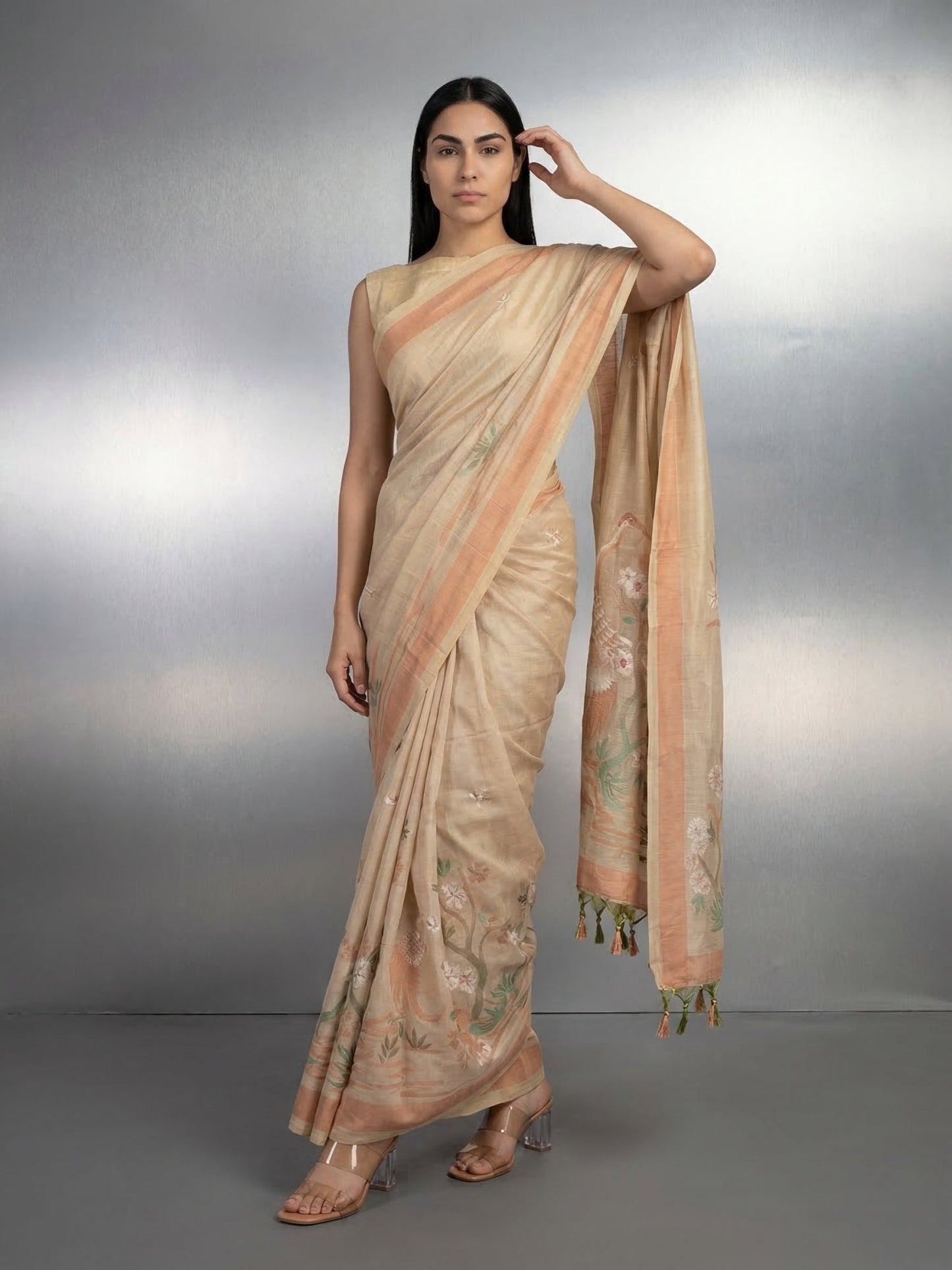 CHICKOO Premium Muga Cotton Saree with Resham Weaving Buttis and Pencil Art Pallu