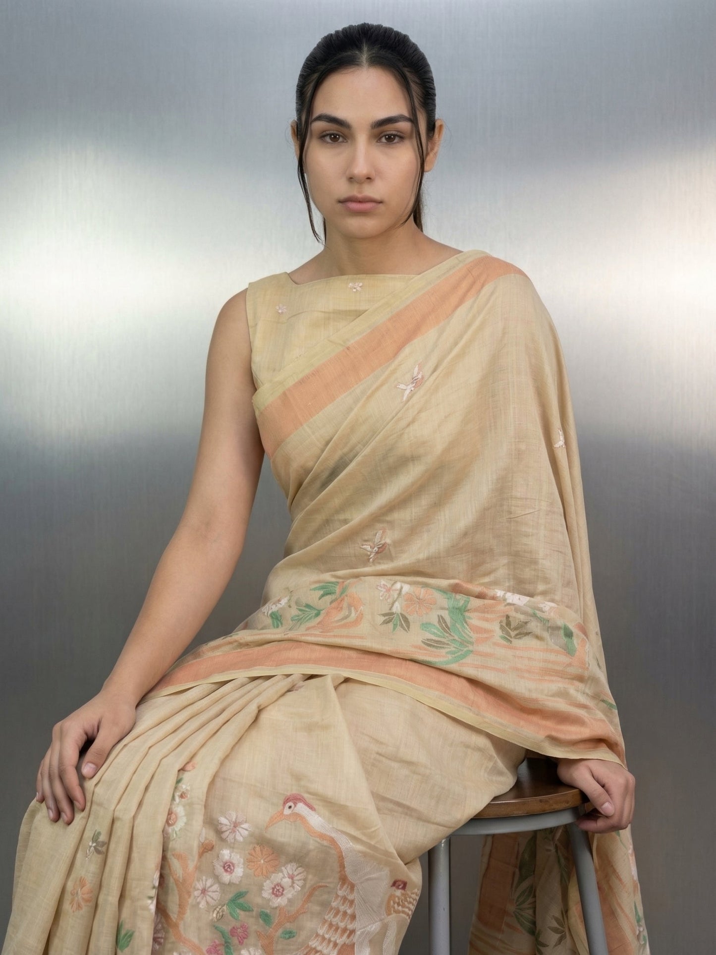 CHICKOO Premium Muga Cotton Saree with Resham Weaving Buttis and Pencil Art Pallu