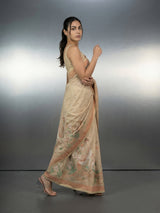 CHICKOO Premium Muga Cotton Saree with Resham Weaving Buttis and Pencil Art Pallu