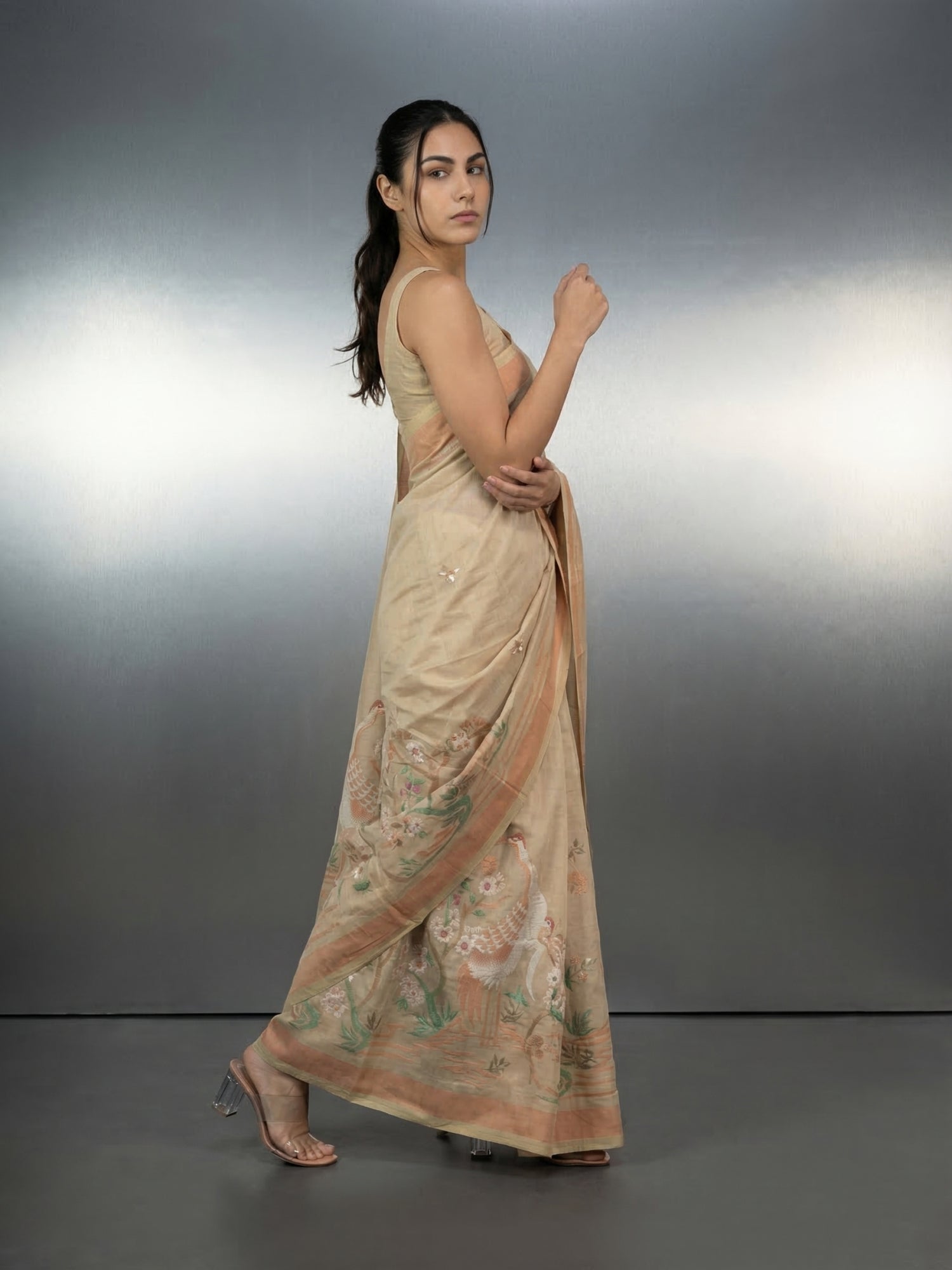 CHICKOO Premium Muga Cotton Saree with Resham Weaving Buttis and Pencil Art Pallu