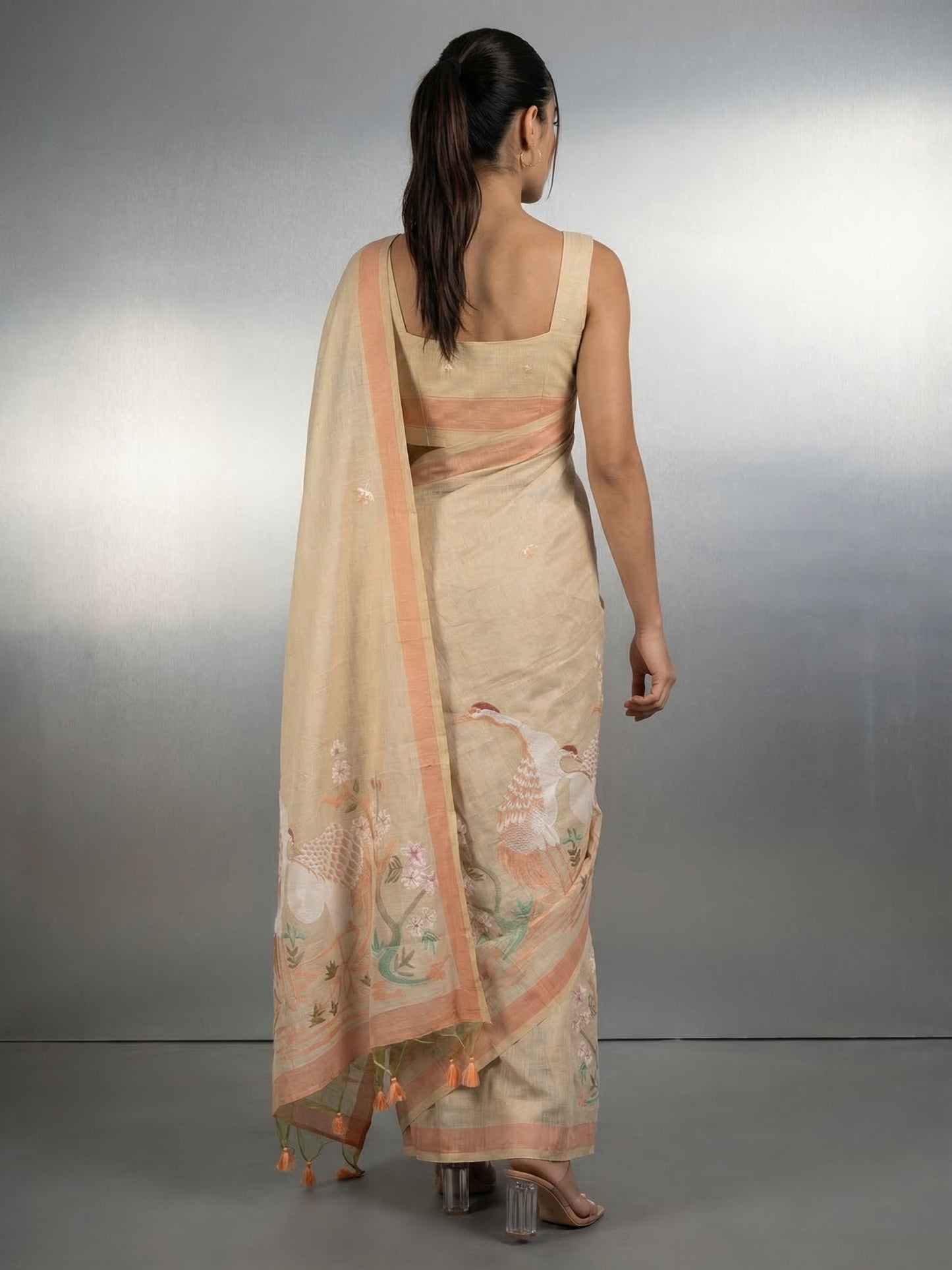 CHICKOO Premium Muga Cotton Saree with Resham Weaving Buttis and Pencil Art Pallu