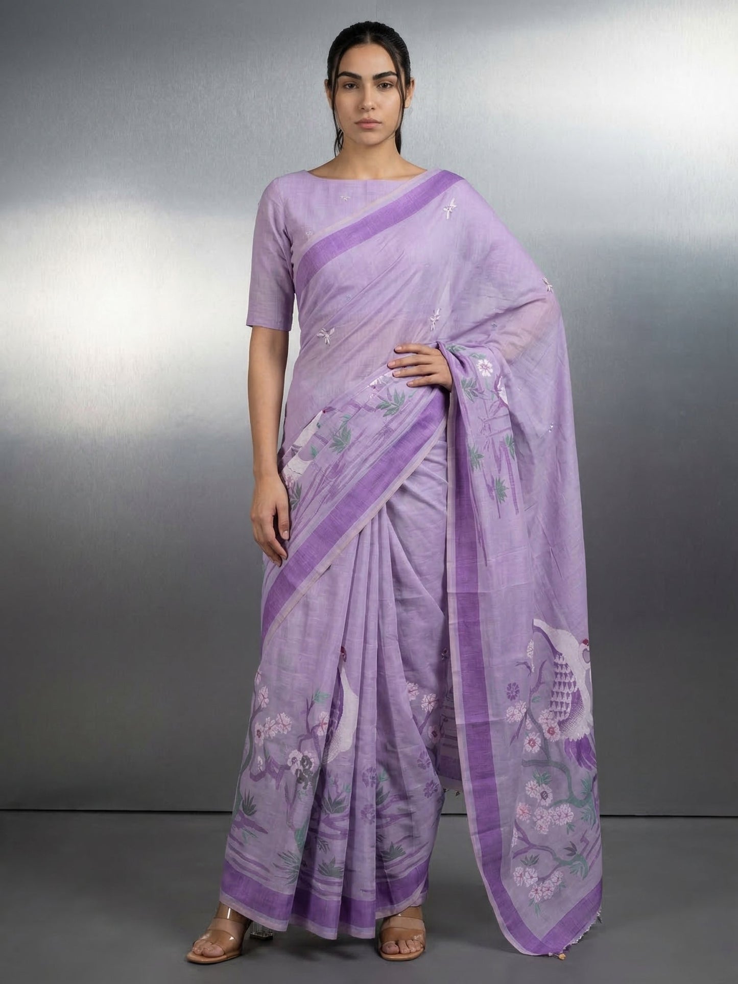 Lavender Premium Muga Cotton Saree with Resham Weaving Buttis and Pencil Art Pallu