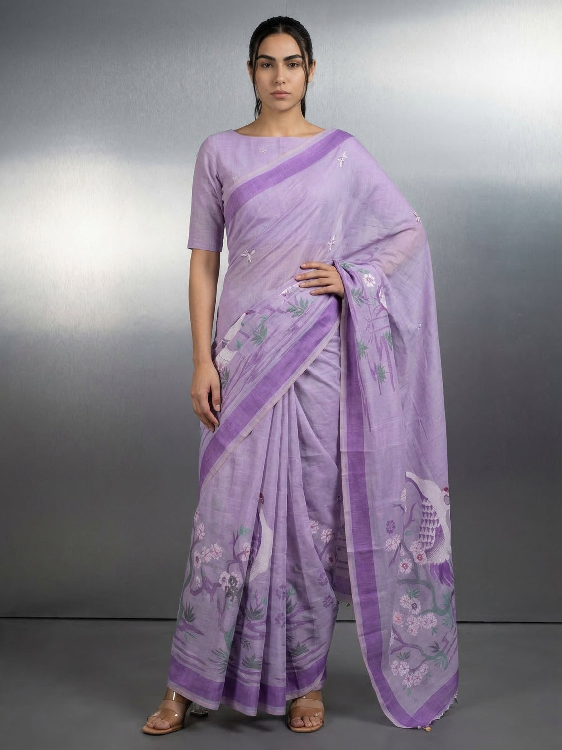 Lavender muga cotton saree with resham weaving pencil art pallu