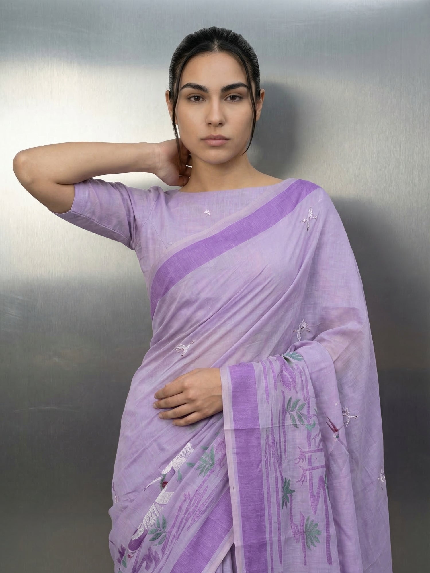 Lavender Premium Muga Cotton Saree with Resham Weaving Buttis and Pencil Art Pallu