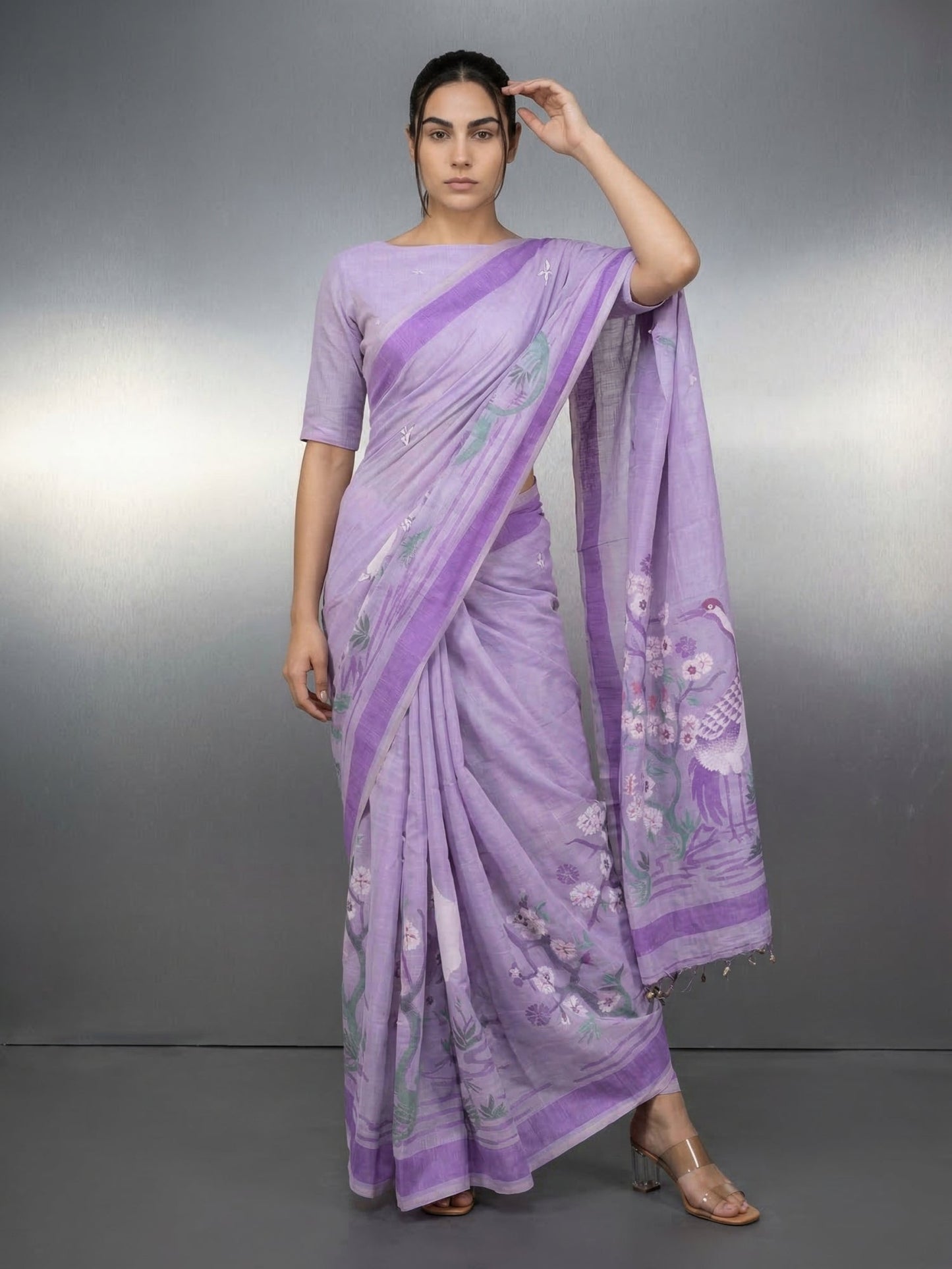 Lavender Premium Muga Cotton Saree with Resham Weaving Buttis and Pencil Art Pallu