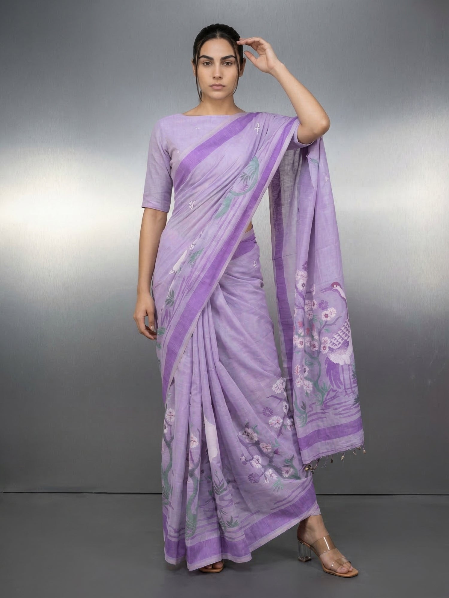 Lavender Premium Muga Cotton Saree with Resham Weaving Buttis and Pencil Art Pallu