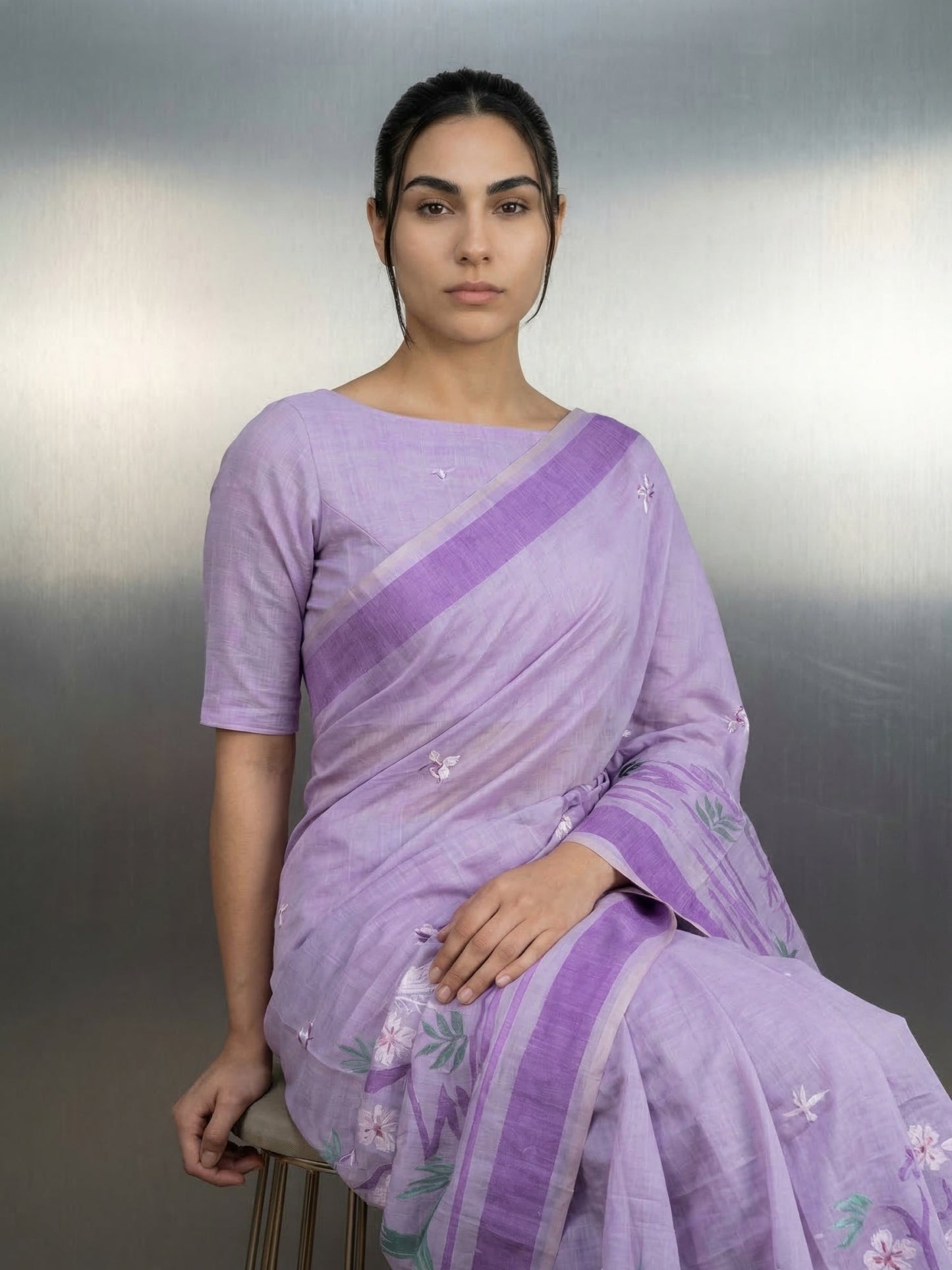 Lavender Premium Muga Cotton Saree with Resham Weaving Buttis and Pencil Art Pallu