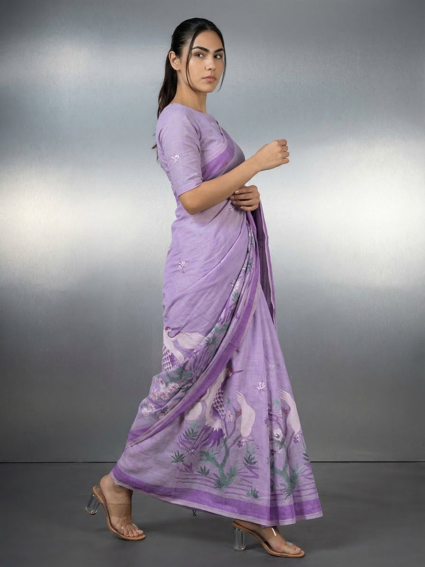 Lavender Premium Muga Cotton Saree with Resham Weaving Buttis and Pencil Art Pallu