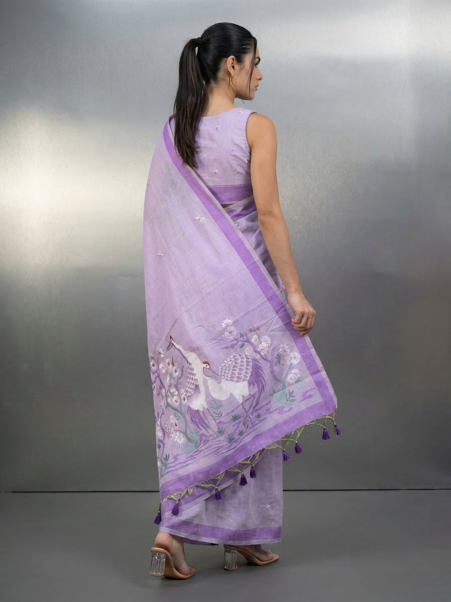 Lavender Premium Muga Cotton Saree with Resham Weaving Buttis and Pencil Art Pallu