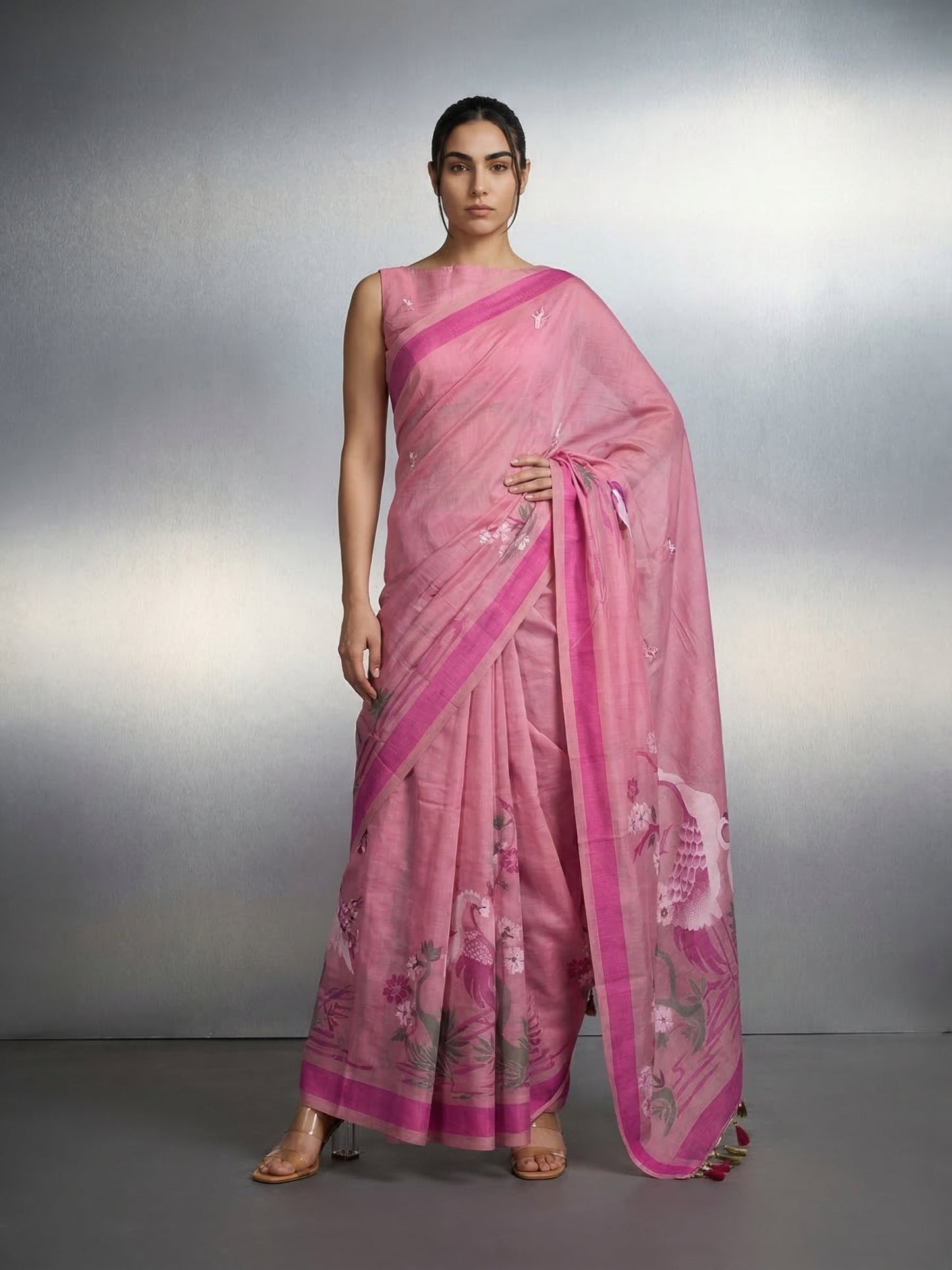 Pink Premium Muga Cotton Saree with Resham Weaving Buttis and Pencil Art Pallu
