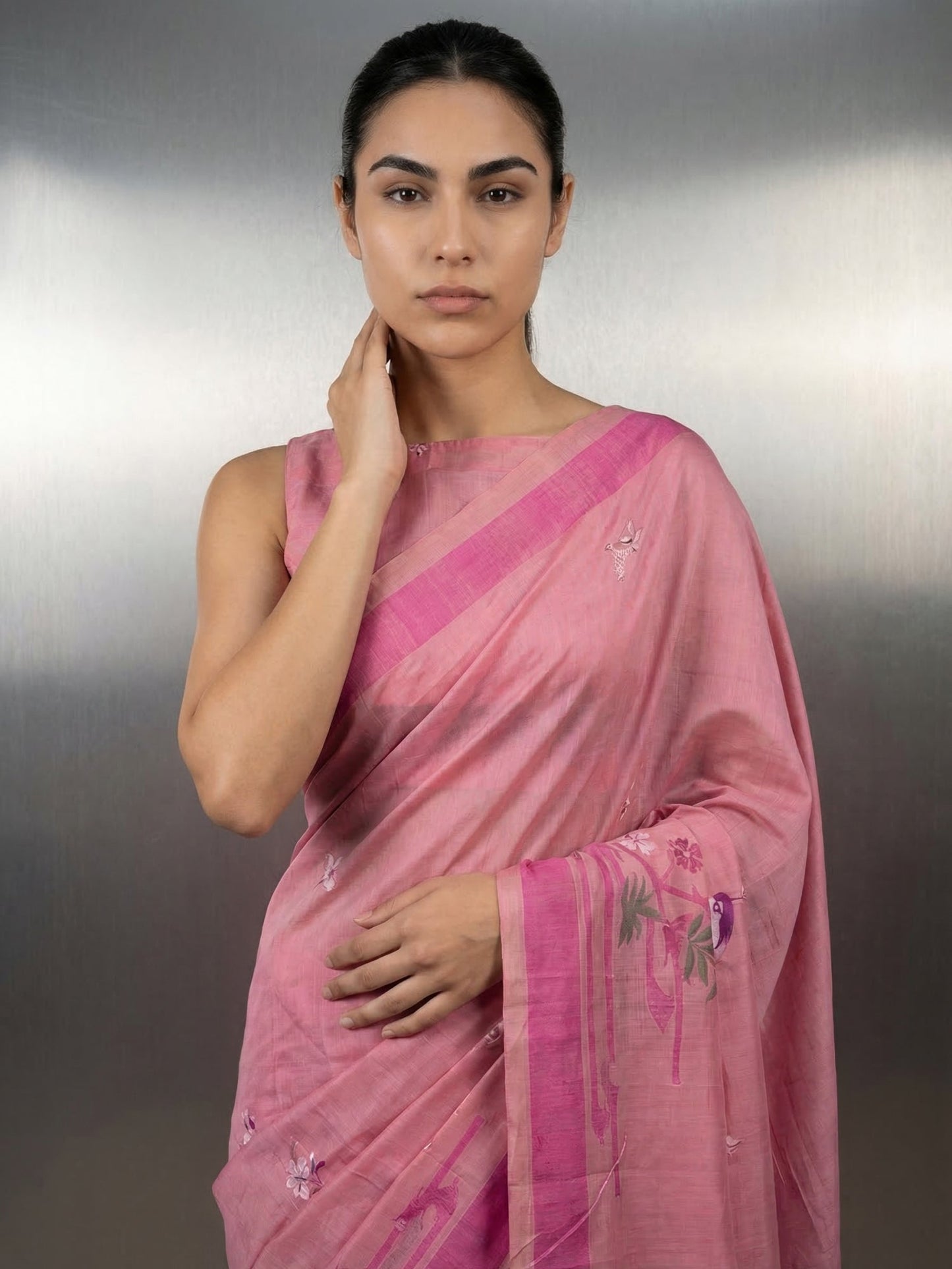 Pink Premium Muga Cotton Saree with Resham Weaving Buttis and Pencil Art Pallu