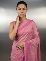 Pink Premium Muga Cotton Saree with Resham Weaving Buttis and Pencil Art Pallu