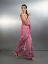 Pink Premium Muga Cotton Saree with Resham Weaving Buttis and Pencil Art Pallu
