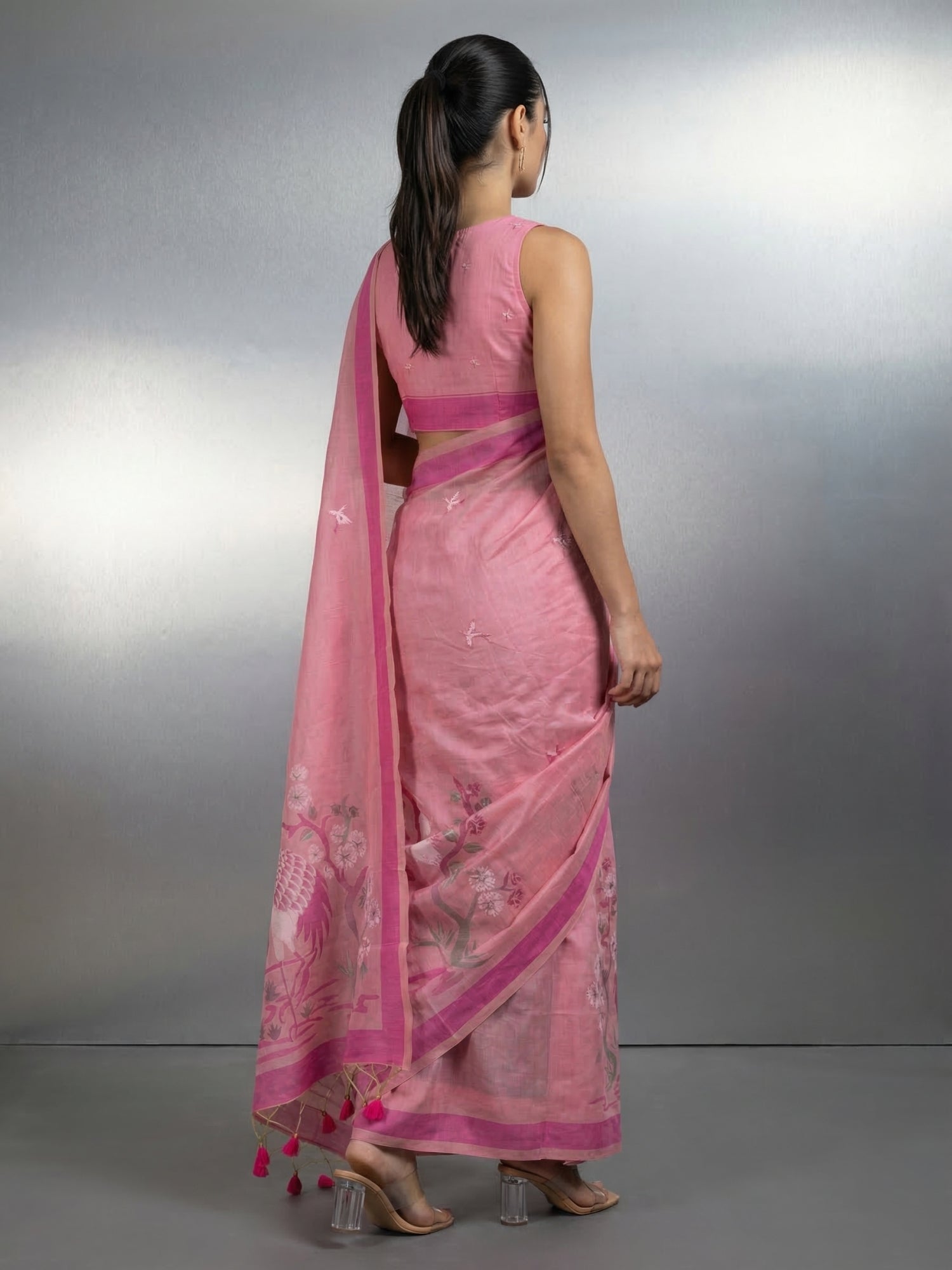 Pink Premium Muga Cotton Saree with Resham Weaving Buttis and Pencil Art Pallu