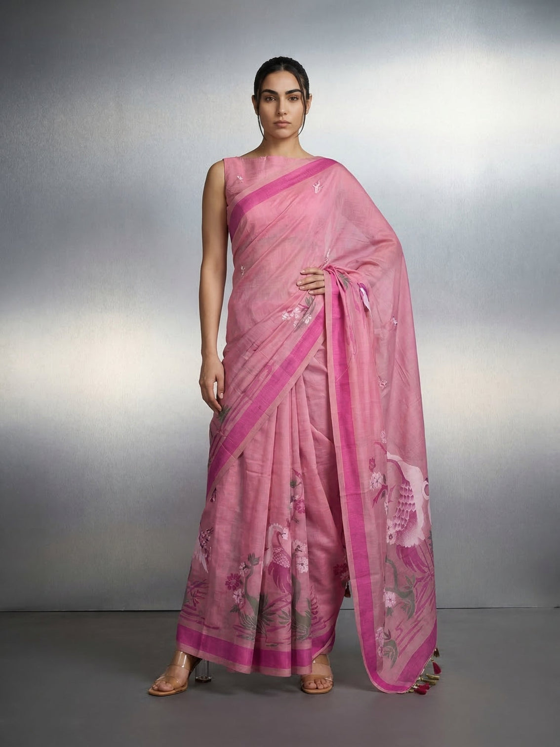 Pink resham woven muga cotton saree with artistic pallu