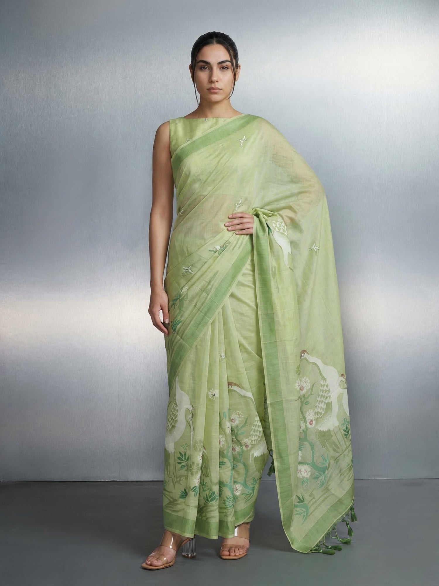 Pista Premium Muga Cotton Saree with Resham Weaving Buttis and Pencil Art Pallu